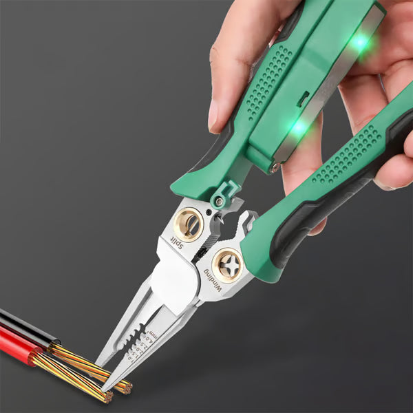 Outdoorfun 8-in-1 Wire Stripper – Cable Cutter, Voltage Tester, Silver/Green