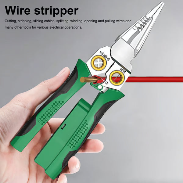 Outdoorfun 8-in-1 Wire Stripper – Cable Cutter, Voltage Tester, Silver/Green