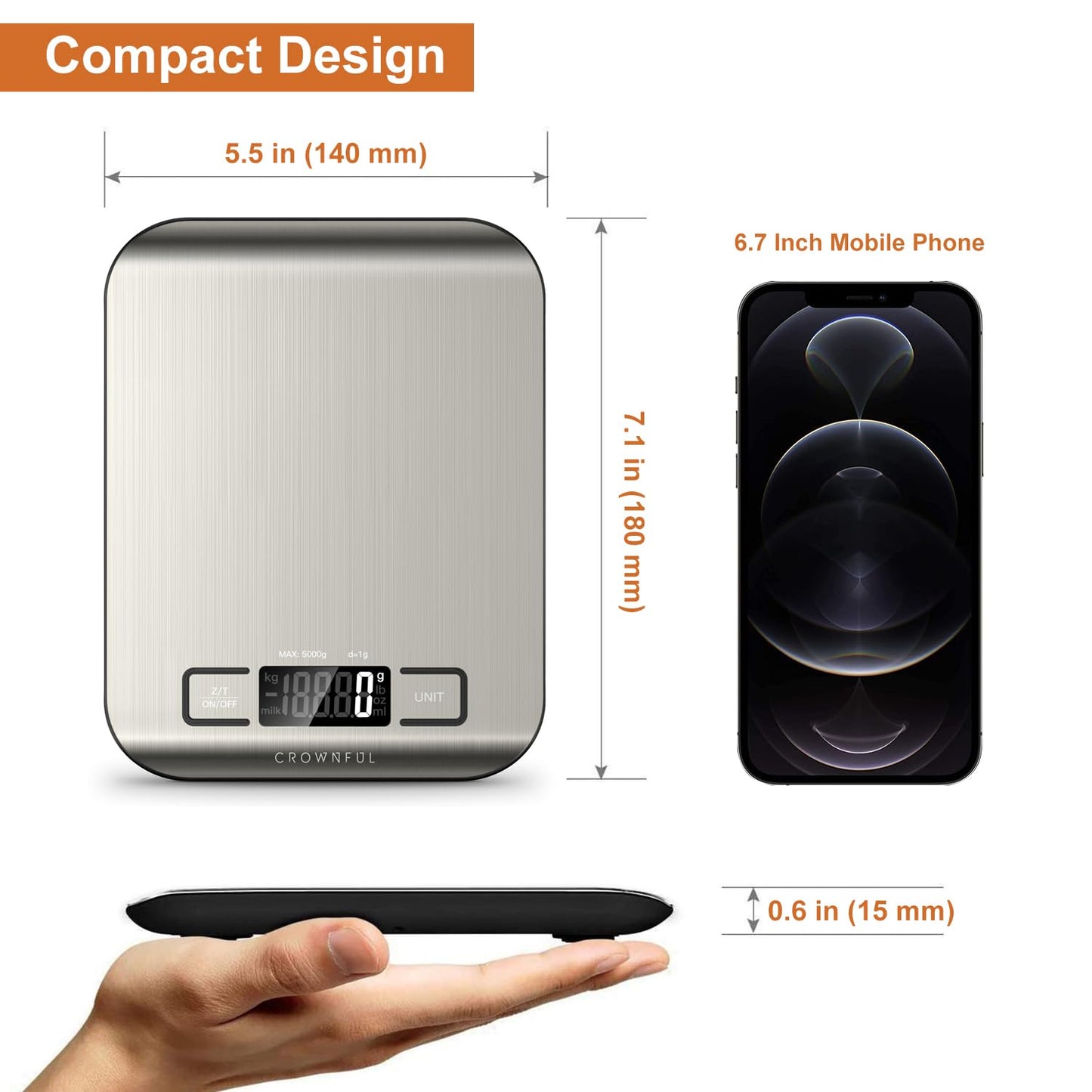 Digital Kitchen Scale – 5kg Capacity, 0.1g Precision, Tare Function, Silver Finish