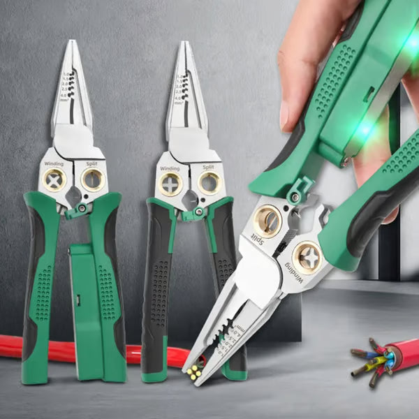 Outdoorfun 8-in-1 Wire Stripper – Cable Cutter, Voltage Tester, Silver/Green