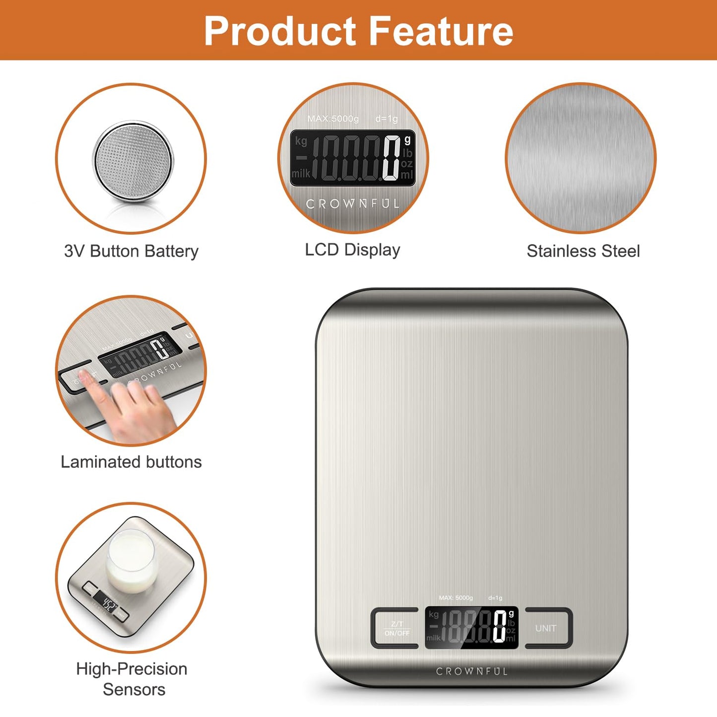 Digital Kitchen Scale – 5kg Capacity, 0.1g Precision, Tare Function, Silver Finish