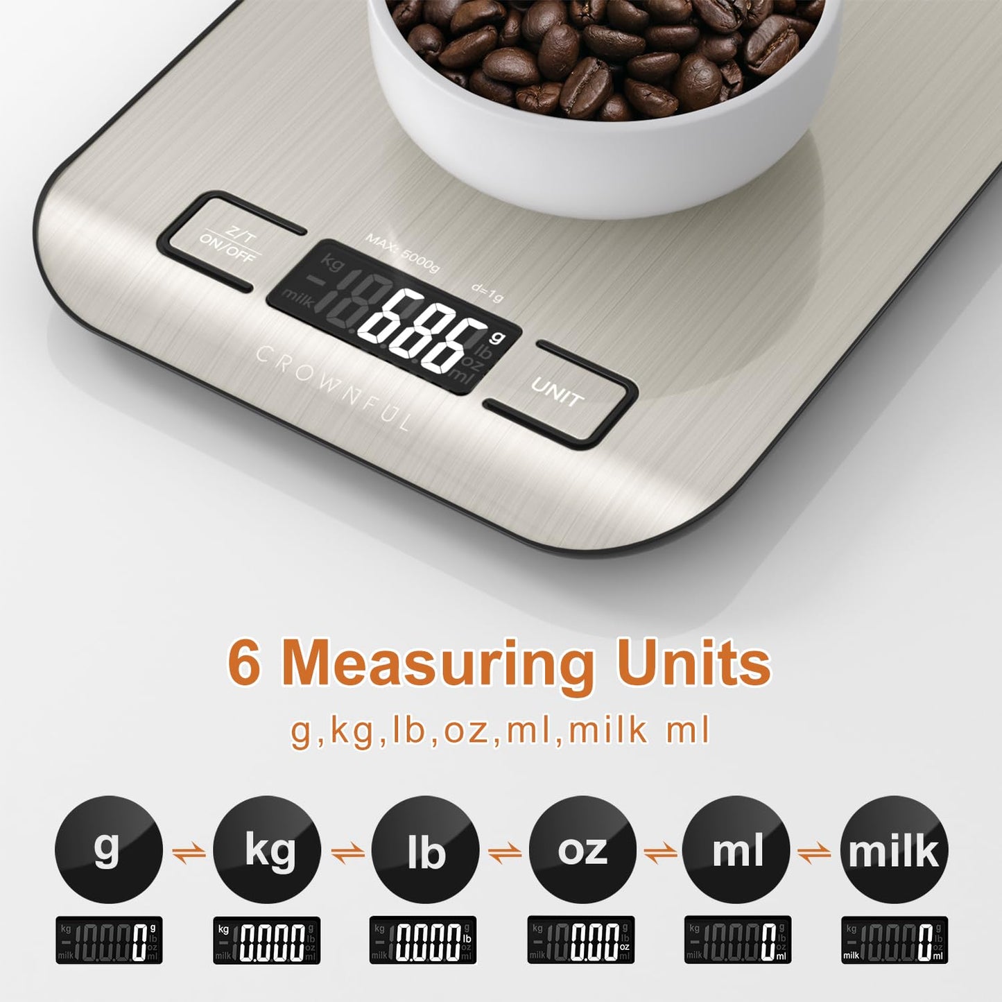 Digital Kitchen Scale – 5kg Capacity, 0.1g Precision, Tare Function, Silver Finish