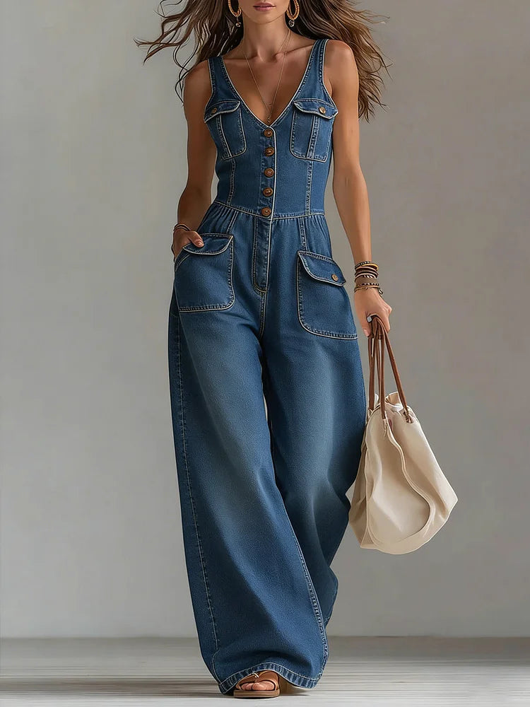 Women Denim Jumpsuit Wide Leg – Stretch Mix Cotton – Casual Fit With Pockets