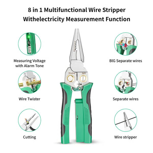 Outdoorfun 8-in-1 Wire Stripper – Cable Cutter, Voltage Tester, Silver/Green