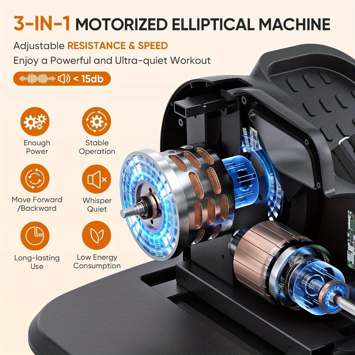 3-in-1 Electric Elliptical Trainer – Quiet Home Fitness – 10 Speed Levels – Stepper & Leg Workout – No Assembly Required