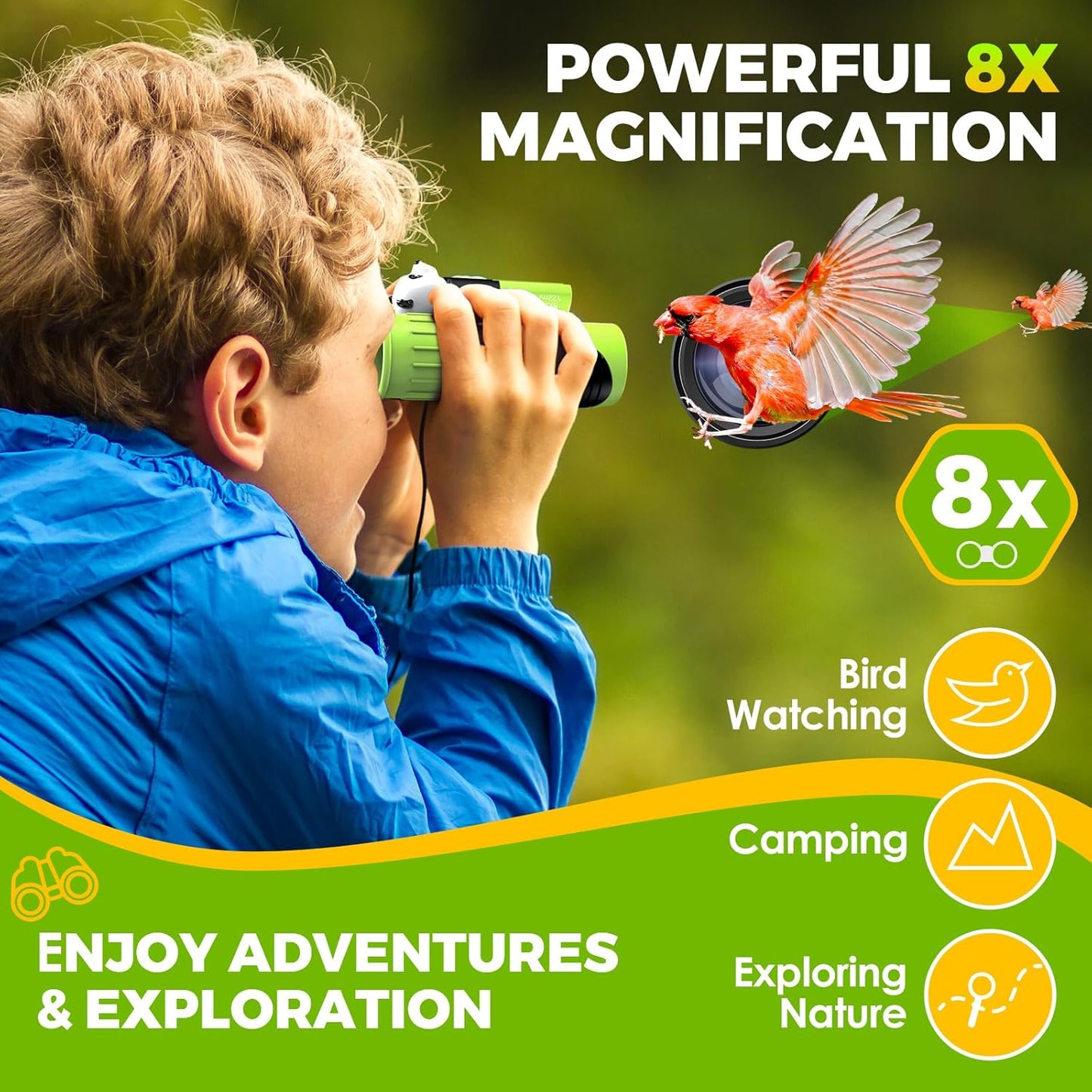 Binoculars For Kids – 8x21 High-Resolution Optics – With Magnifying Glass & Whistle Compass – Outdoor Exploration Set – Ages 3–12