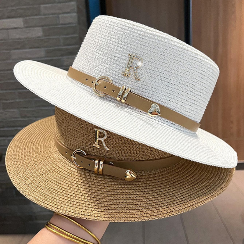 Letter 'R' with Rhinestones Brown Belt Straw Hats Australia