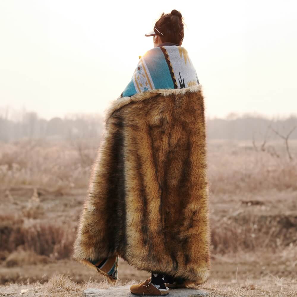 Aztec Faux Fur Blanket - Turquoise & Gold | Cozy Throw