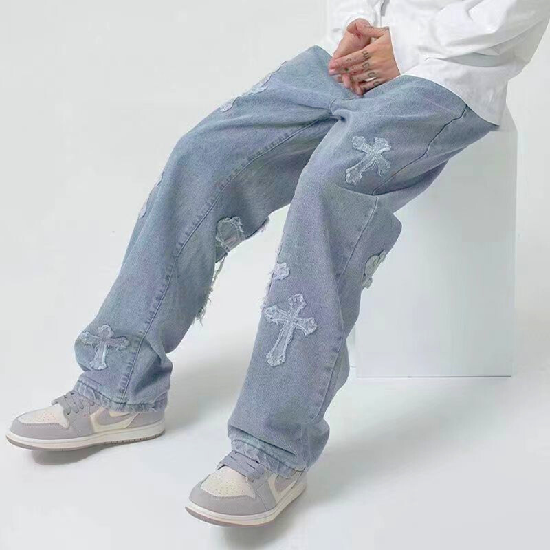 Cross Embroidery Patches Denim Jeans