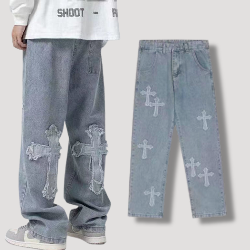 Cross Embroidery Patches Denim Jeans
