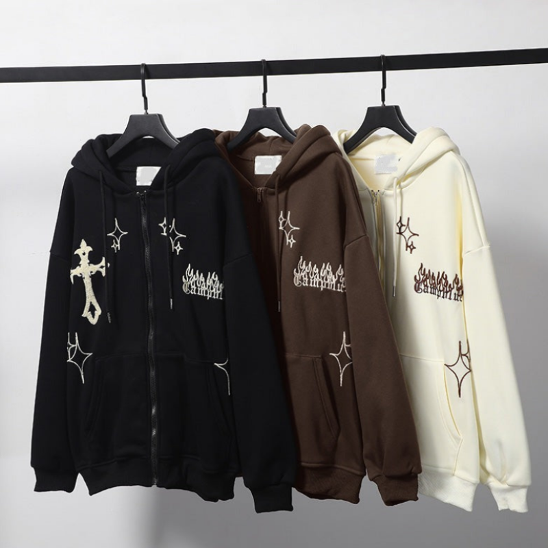 Cross Embroidery Patches Zip Up Hoodie