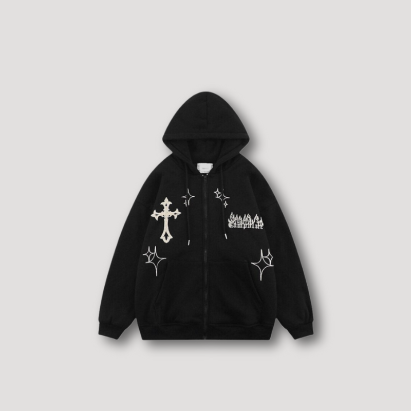 Cross Embroidery Patches Zip Up Hoodie