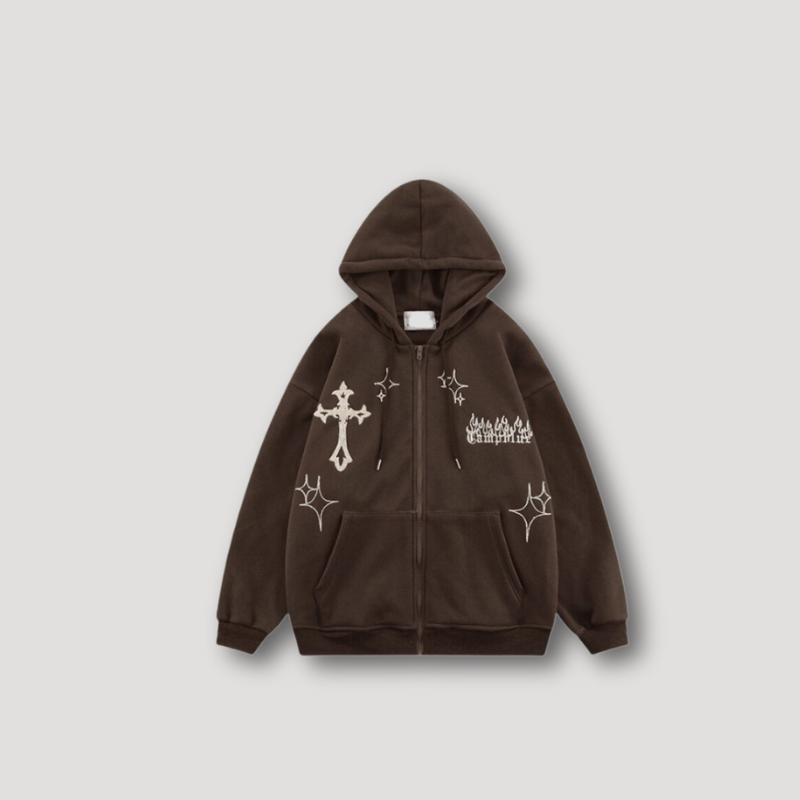 Cross Embroidery Patches Zip Up Hoodie