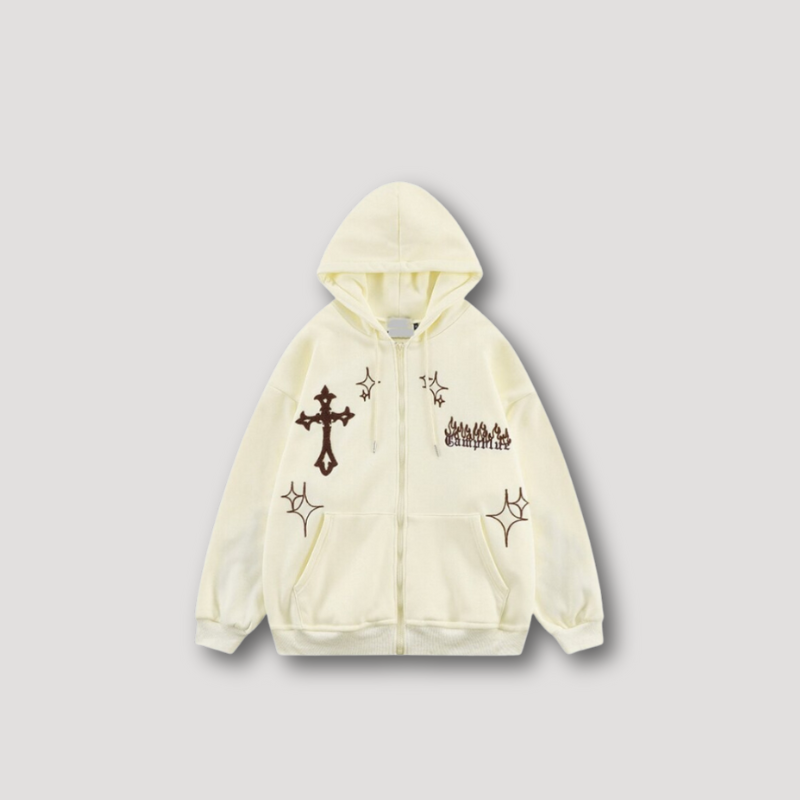 Cross Embroidery Patches Zip Up Hoodie