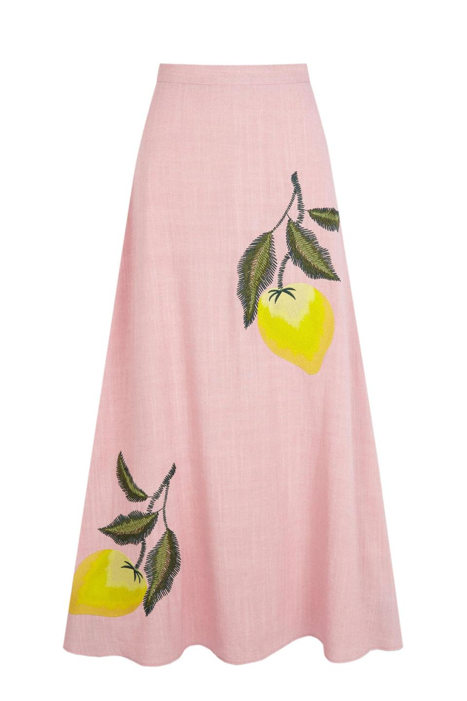 Falda Amalfi Print Skirt – Blush Pink, Lemon Embroidery, Flowy Midi Design