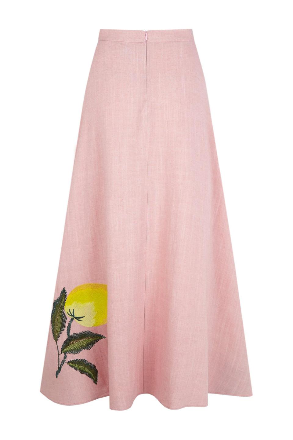 Falda Amalfi Print Skirt – Blush Pink, Lemon Embroidery, Flowy Midi Design