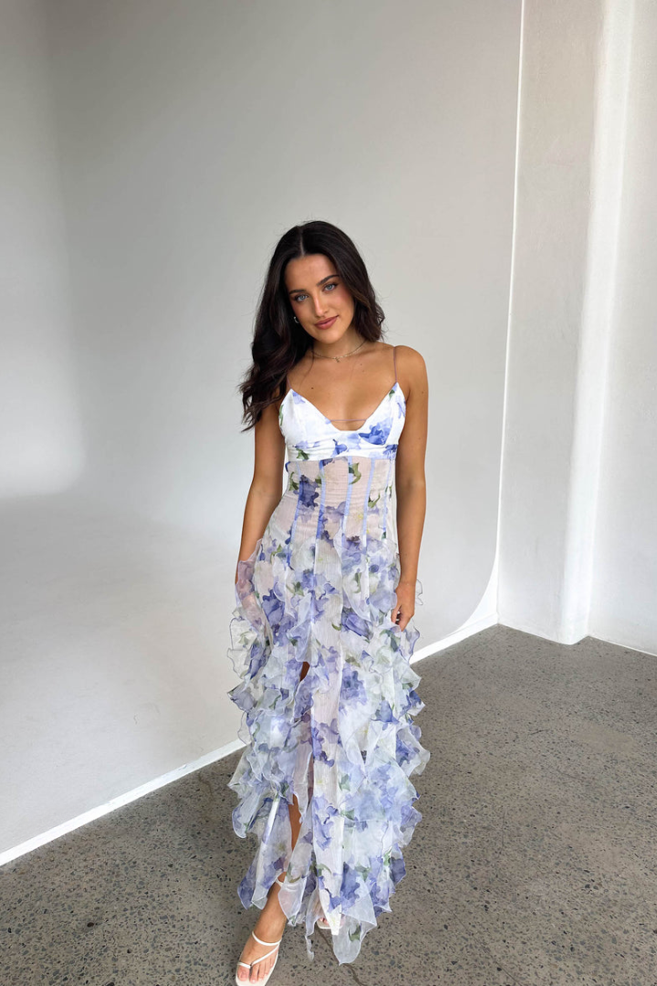 Floral Ruffle Maxi Dress - Spaghetti Strap - Bohemian Style