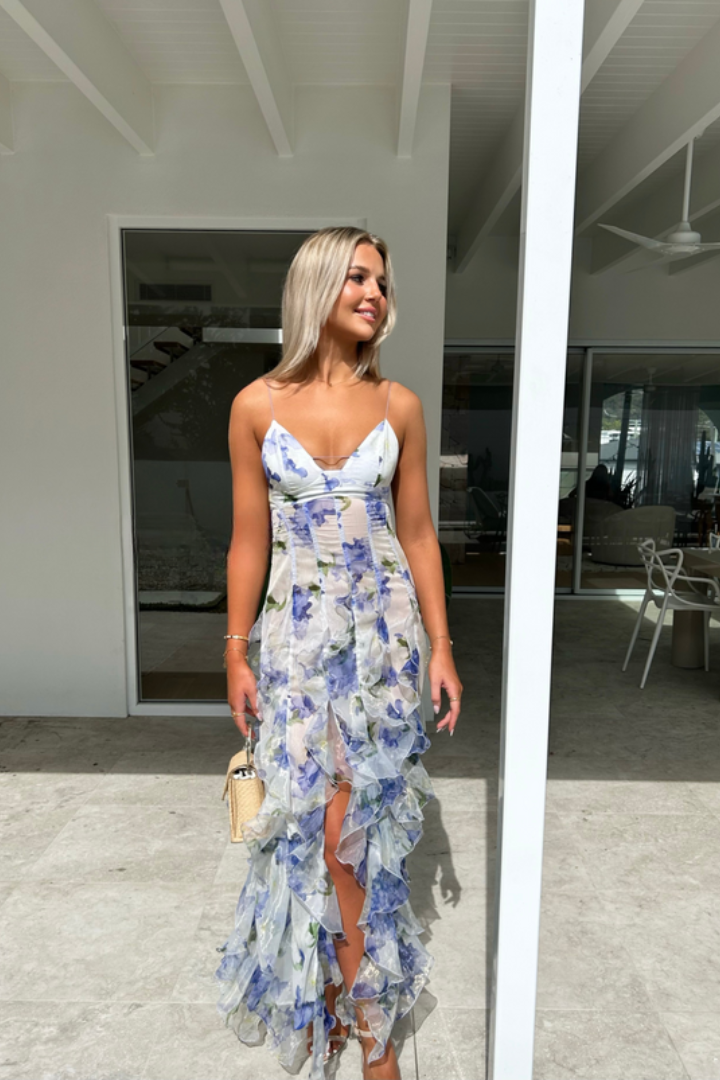 Floral Ruffle Maxi Dress - Spaghetti Strap - Bohemian Style