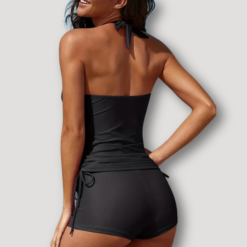 Ruched Criss Cross Halter Side Drawstring Tankini Set