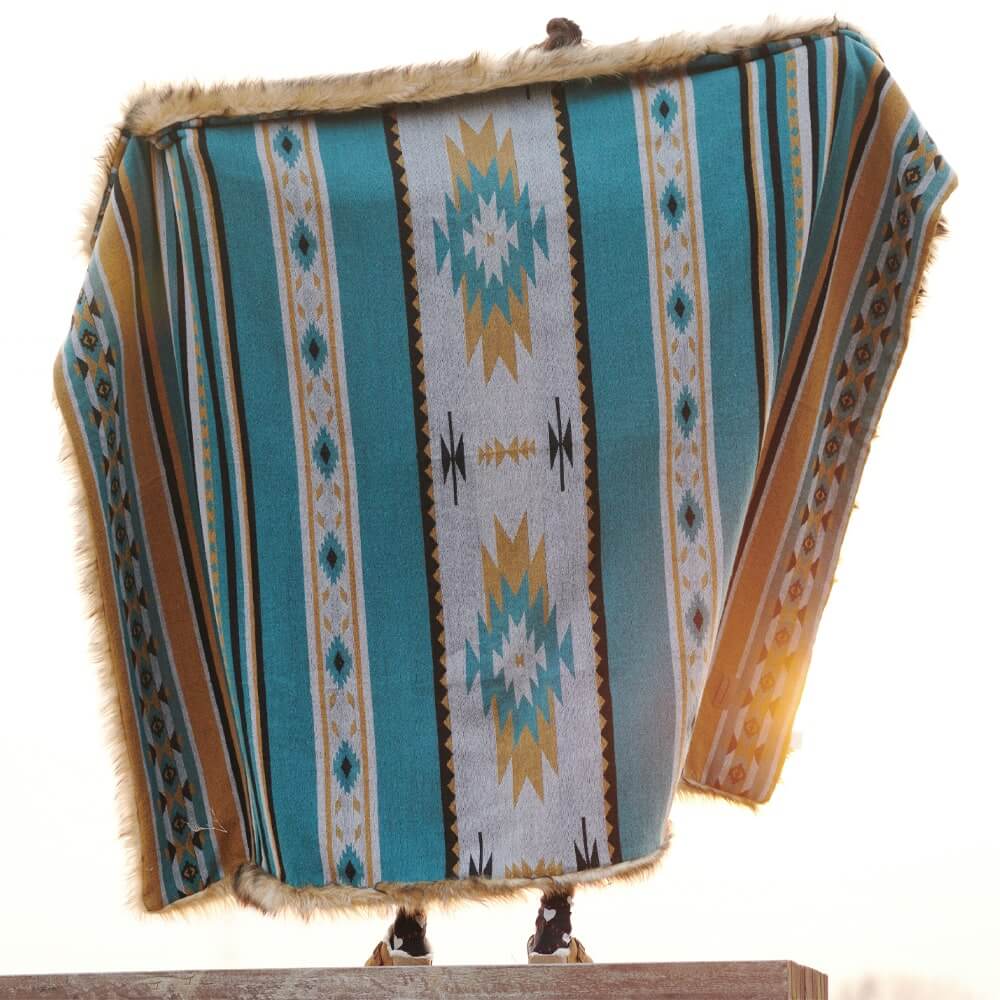 Aztec Faux Fur Blanket - Turquoise & Gold | Cozy Throw