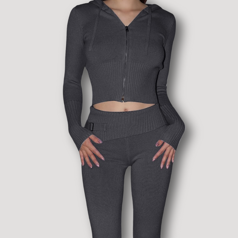 Long Sleeve Crop Top Sweater Hoodie High Waisted Pants Tracksuit Set