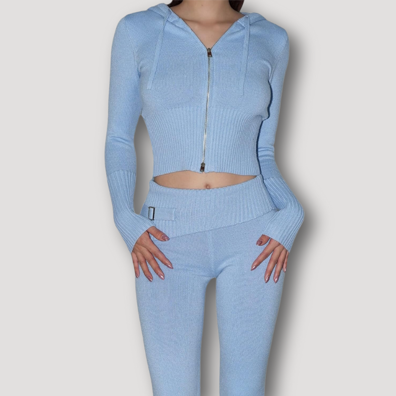 Long Sleeve Crop Top Sweater Hoodie High Waisted Pants Tracksuit Set