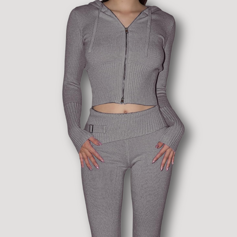 Long Sleeve Crop Top Sweater Hoodie High Waisted Pants Tracksuit Set