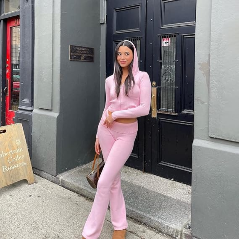 Long Sleeve Crop Top Sweater Hoodie High Waisted Pants Tracksuit Set