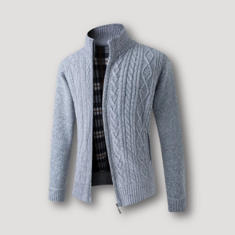 Cozy Rib Knit Full Zip Checkered Flannel Lined Wool Mens Sweater