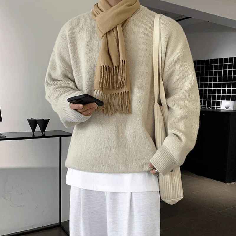 Knitted Crew Neck Solid Mohair Sweater