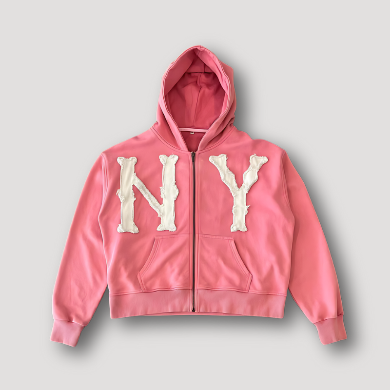 New York NY Embroidery Patchwork Zip Up Hoodie Sydneymode