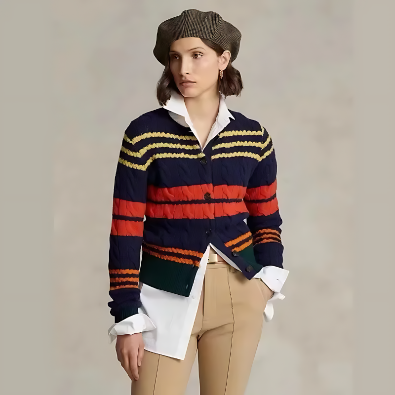 Striped Cable Knit Crop Cardigan Sweater Women
