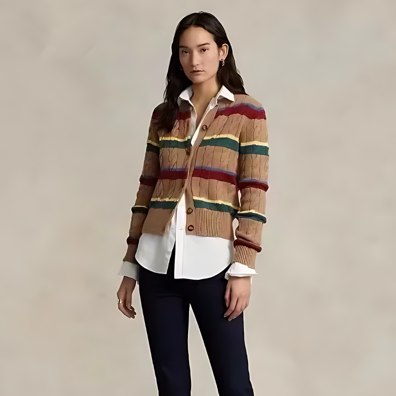 Striped Cable Knit Crop Cardigan Sweater Women