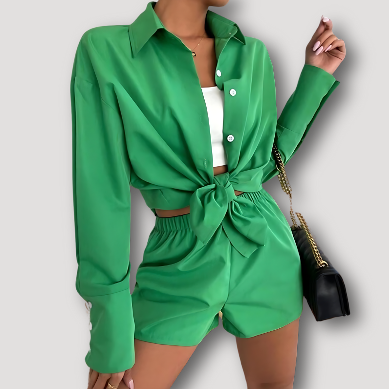Color Blocked Button Up Shirt and Short Set Women's