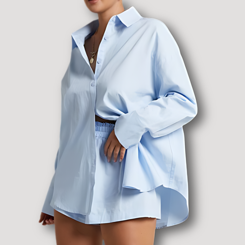 Color Blocked Button Up Shirt and Short Set Women's