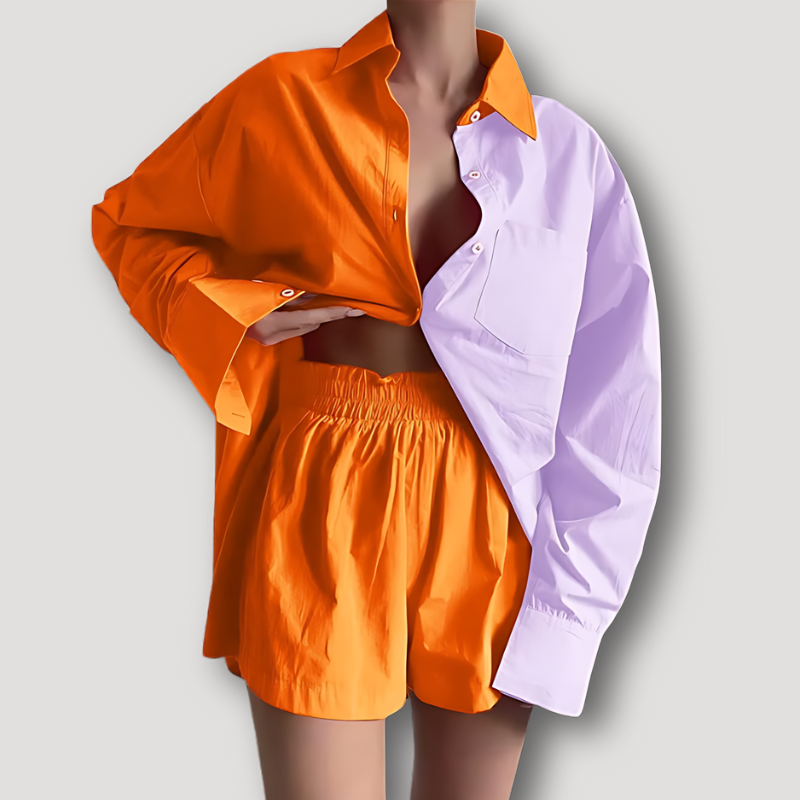 Color Blocked Button Up Shirt and Short Set Women's