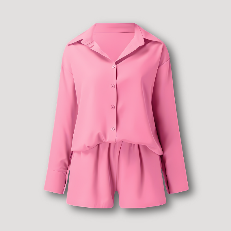 Color Blocked Button Up Shirt and Short Set Women's