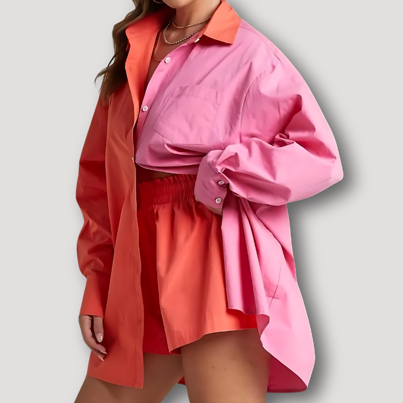 Color Blocked Button Up Shirt and Short Set Women's