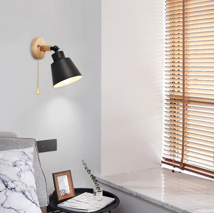 Pull Chain Switch Wall Sconce - Efficient Energy Led- Slender Arm Wood
