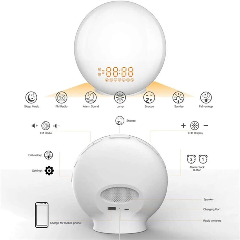 Wake Up Light Alarm Clock - Sunrise Sunset Simulation - FM Radio - Dual Alarm - White