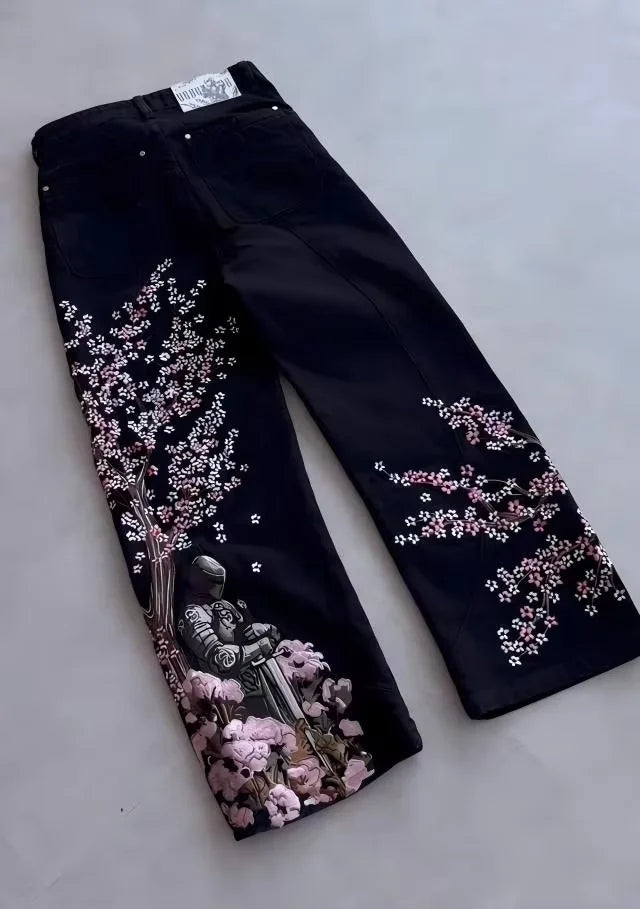 Harajuku Samurai Embroidered Oversized Jeans - High Waist - Straight Leg Pants
