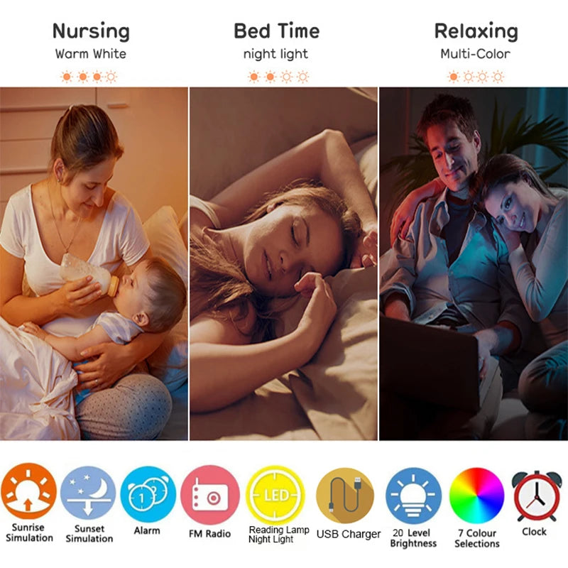Wake Up Light Alarm Clock - Sunrise Sunset Simulation - FM Radio - Dual Alarm - White