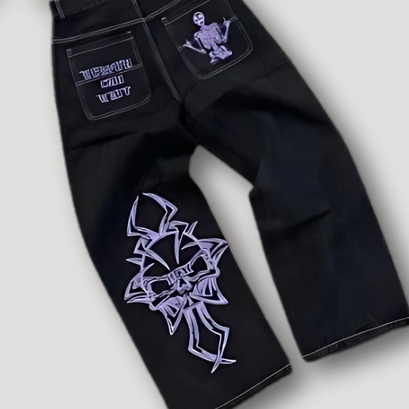 Skull Cross Bones Embroidery Baggy Jeans