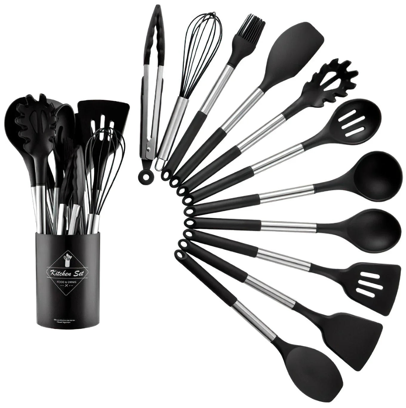 Stainless Steel Kitchen Utensils Silicone Set - 13 Pieces - Eco Friendly - Heat Resistant
