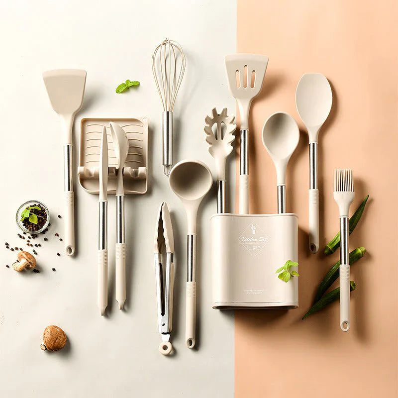 Stainless Steel Kitchen Utensils Silicone Set - 13 Pieces - Eco Friendly - Heat Resistant