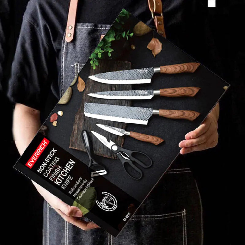 Stainless Steel Knives Set - Multifunctional - Wood Handles - None-Stick Coating