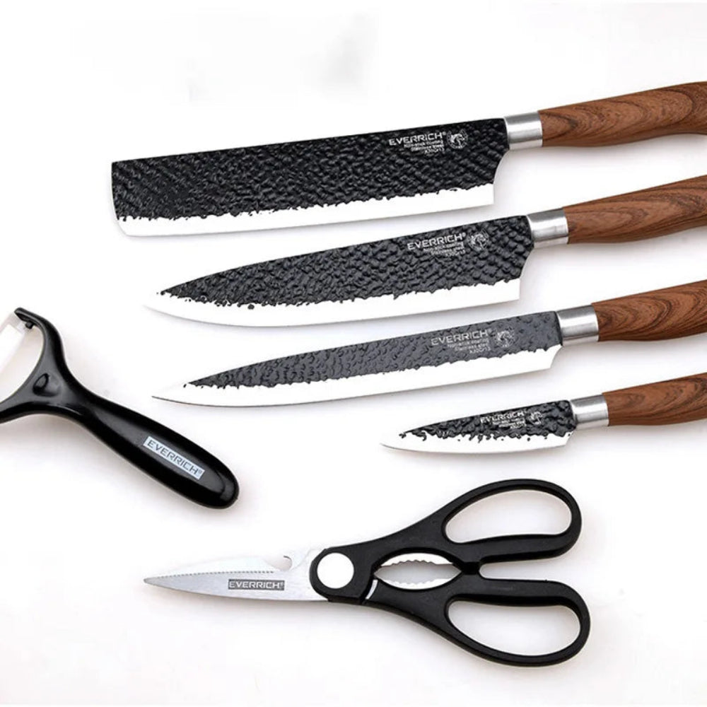 Stainless Steel Knives Set - Multifunctional - Wood Handles - None-Stick Coating