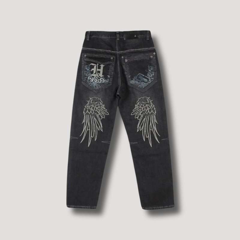 Angel Wings Embroidered Baggy Jeans