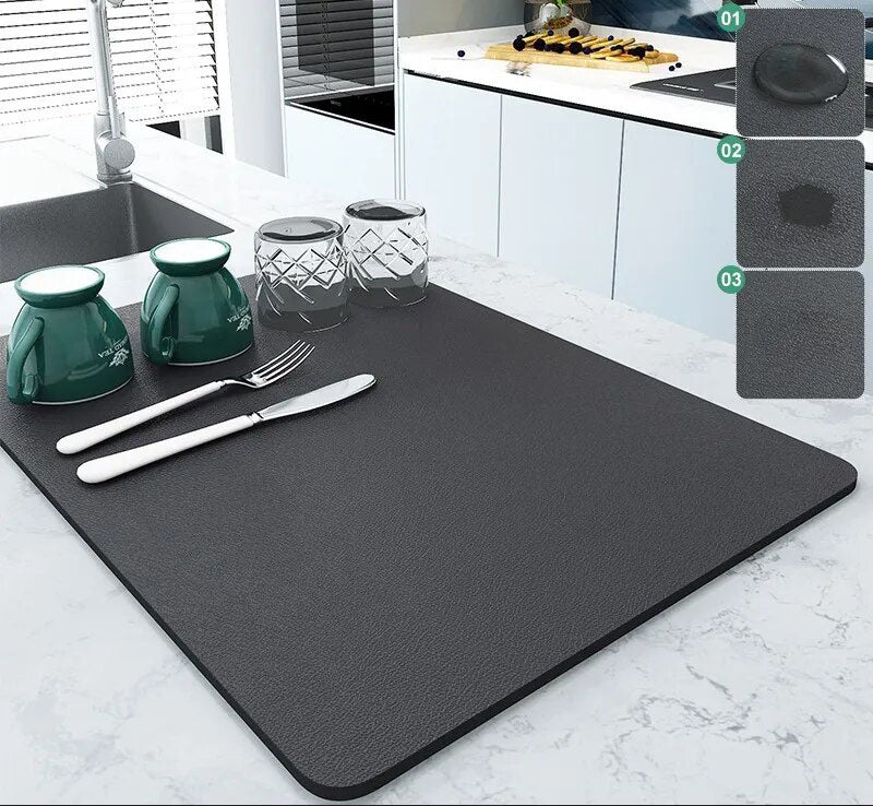 Premium Absorbent Draining Mat - Quick-Dry Microfiber, Non-Slip, Grey, Kitchen Essential