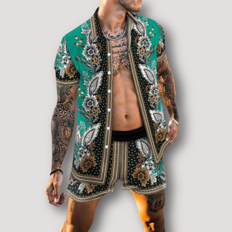2 Piece Sets Short Sleeve Summer Hawaiian Shirt and Shorts Set Mens